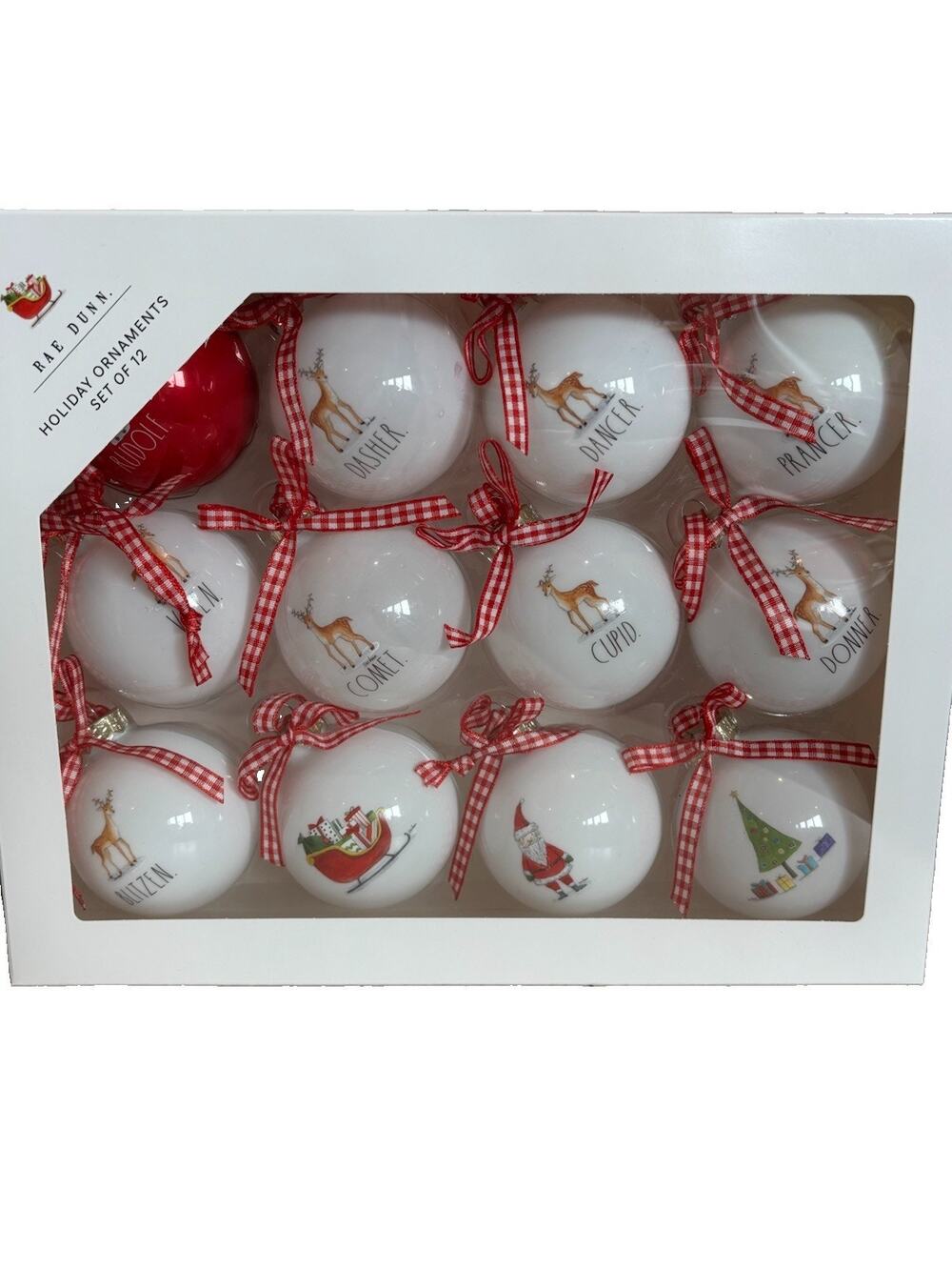 Rae Dunn Santa's Reindeer Glass Christmas Ornaments Set Of 12 Rudolph Vixen etc